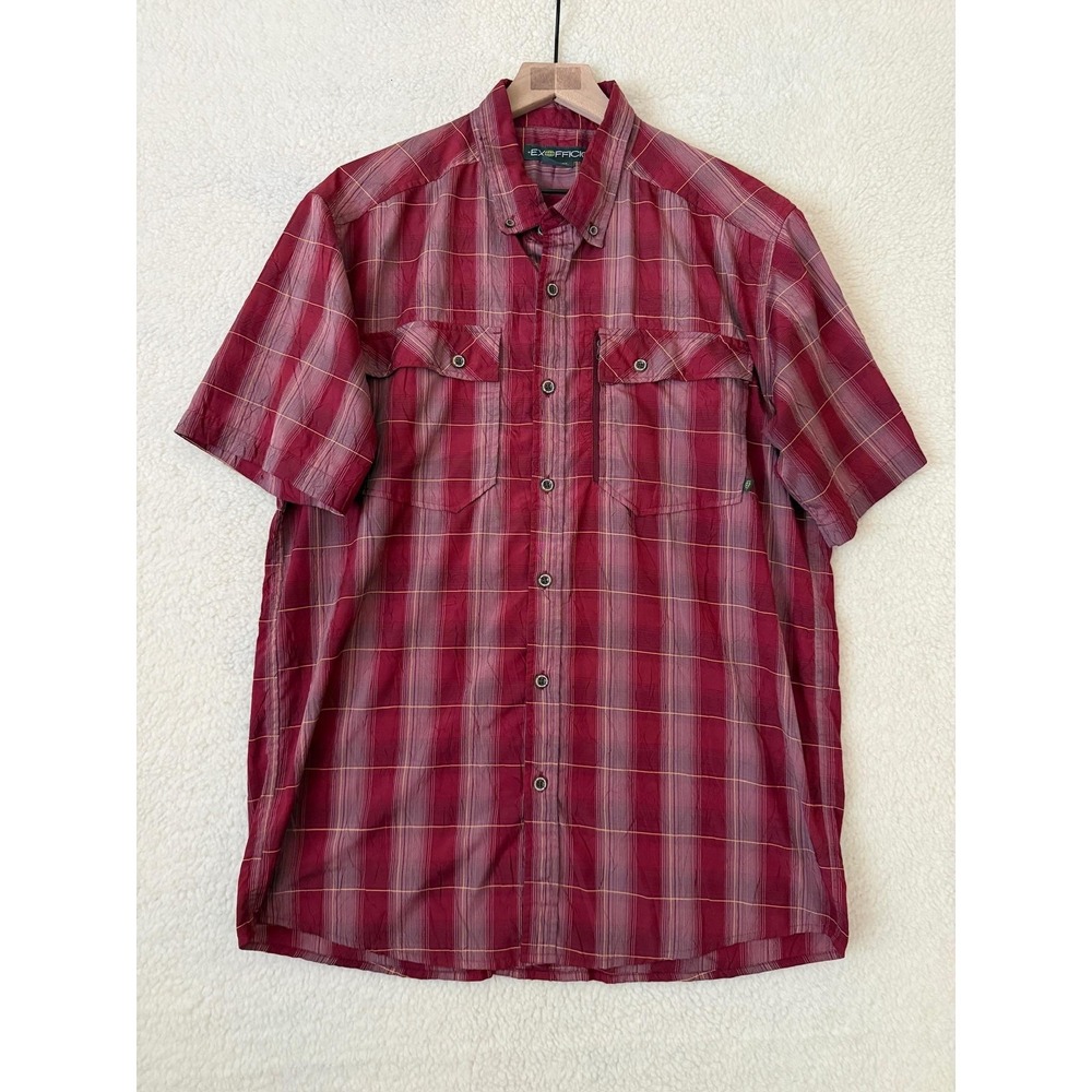 ExOfficio Shirt Mens Large Red Plaid Short Sleeve Button Up Travel Outdoor
